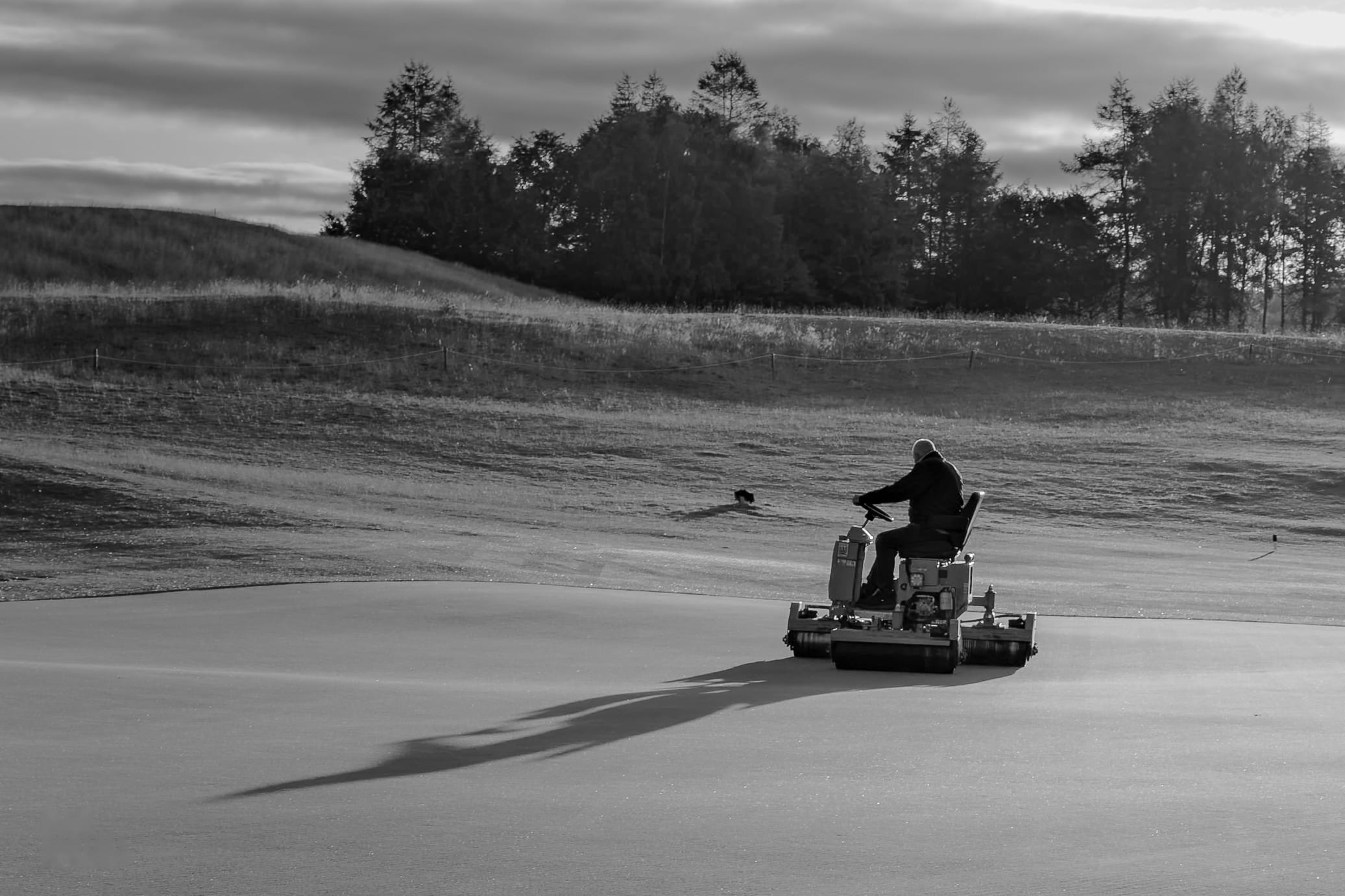 A mower crossing a green at dusk, its long shadow trailing behind, in black and white