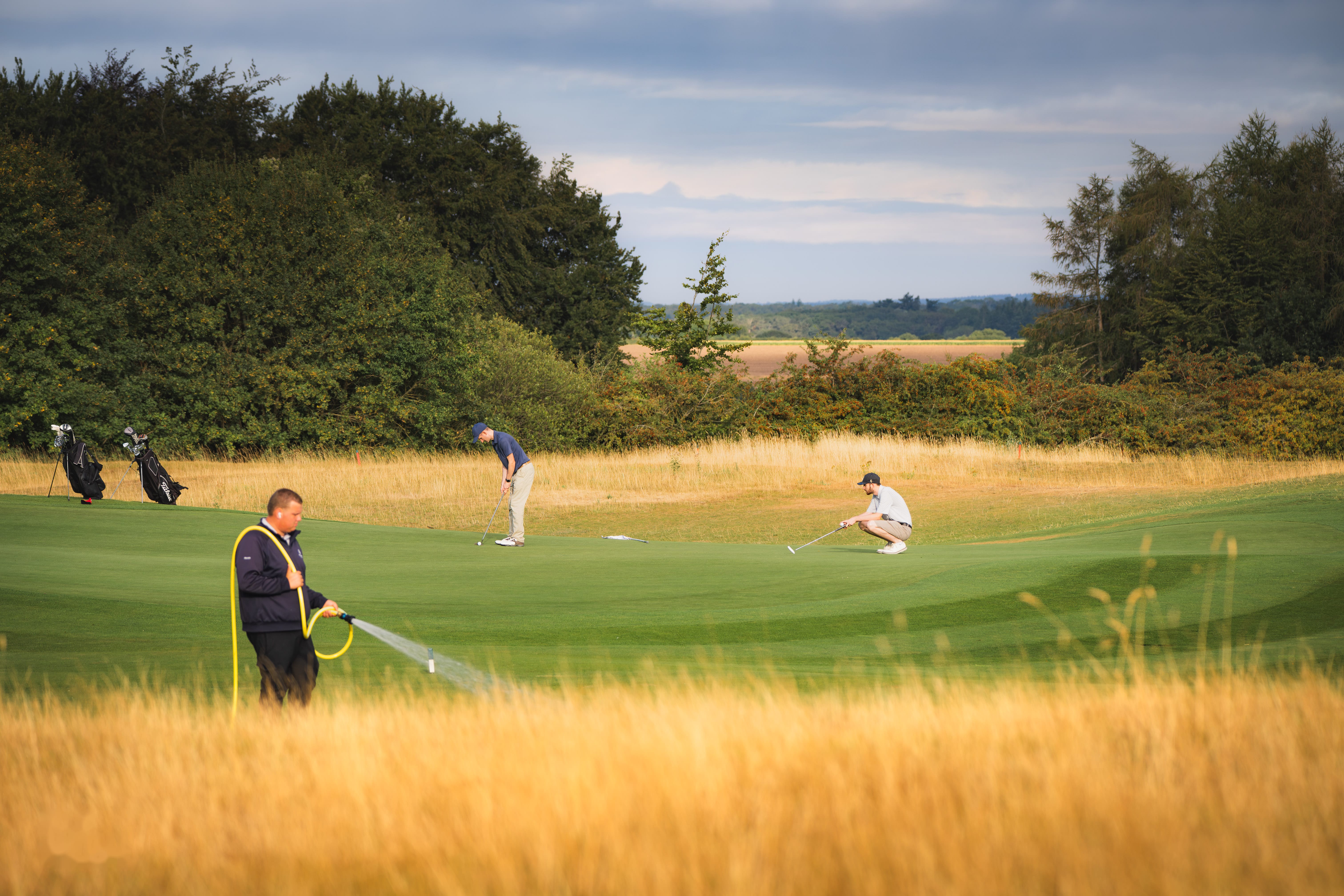 A group of golfers on the tee, heather either side of the fairway