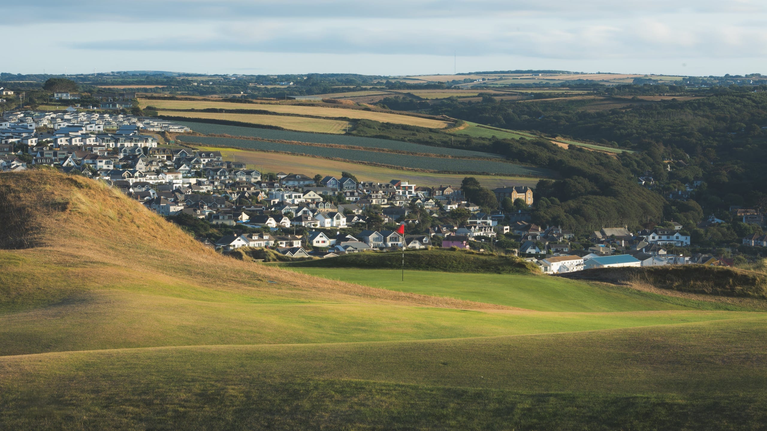 Aerial view of the links on the hillside above Perranporth