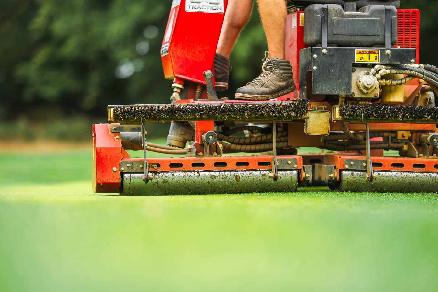 Close on the cutting units of a pedestrian mower